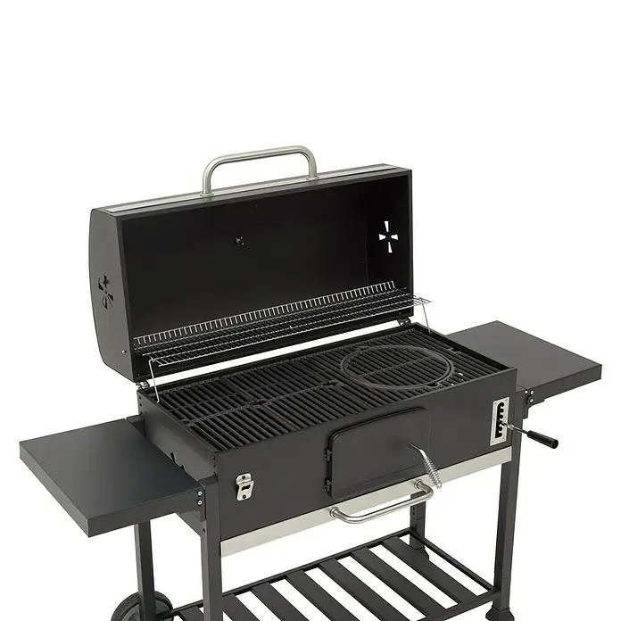 Kingstone KMS Barbacoa de carbón Black Angus Maxi - Superficie de la parrilla (An x Pr): 92 x 43 cm, Negro - Amplia parrilla de carbón con tapa, estantes y rejilla para mantener el calor. Ideal para asar con familia y amigos.