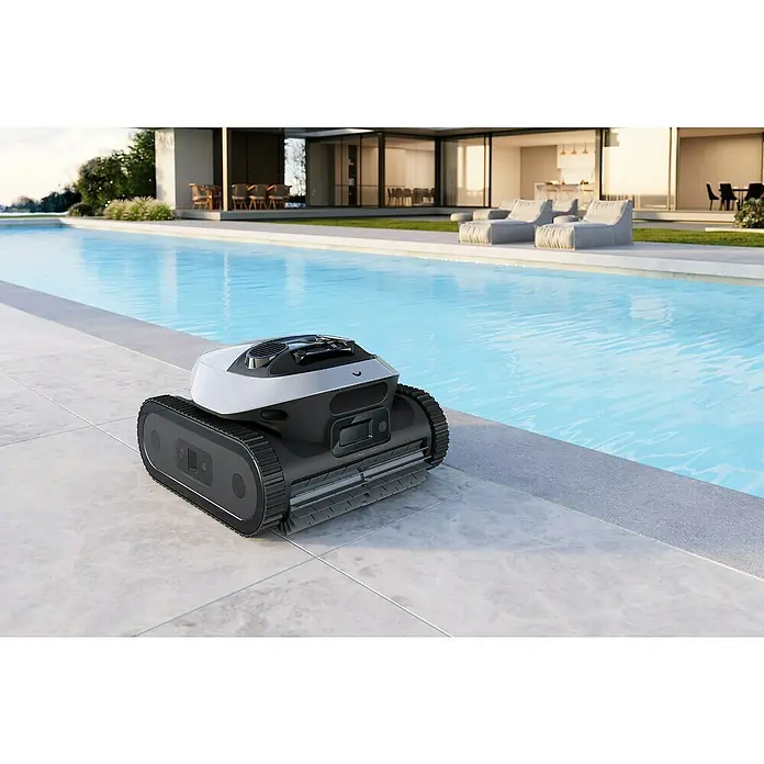 Dreame Poolroboter Z1 Pro - Akkubetrieben, Passend für: Pools bis 200 m² Grundfläche, Filterleistung: 30.000 l/h - Weißer und dunkelgrauer Poolroboter mit Raupen und Bürsten, am Rand eines Schwimmbeckens platziert.