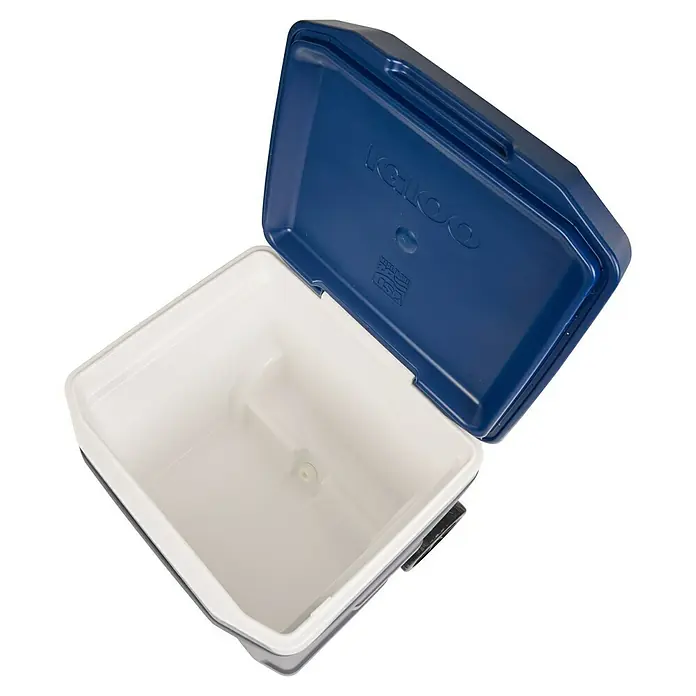 Igloo Kühlbox Maxcold - L x B x H: 53,2 x 46,9 x 53,6 cm, 58 l, Anthrazit/Blau - Offene blau-weiße Igloo Kühlbox mit leerem weißen Innenraum und blauem Deckel.