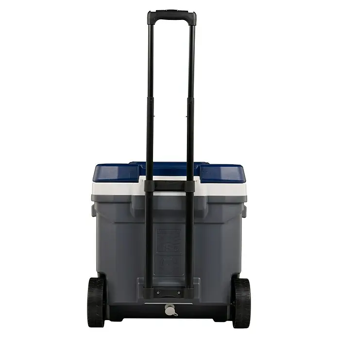 Igloo Kühlbox Maxcold - L x B x H: 53,2 x 46,9 x 53,6 cm, 58 l, Anthrazit/Blau - Graue Kühlbox auf Rädern mit blauem Deckel und schwarzem Ausziehgriff. Ein Ablassstopfen ist unten sichtbar.