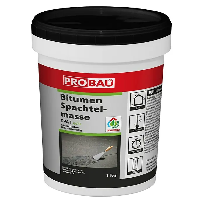 Probau Bitumenspachtelmasse1 kg, Lösemittelfrei - Bild eines Eimers Probau Bitumen Spachtelmasse SPA1 eco, ein lösemittelfreies und gebrauchsfertiges Produkt zur Abdichtung und Reparatur.