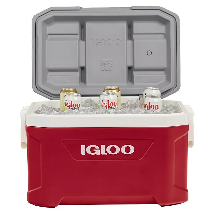 Igloo Kühlbox Latitude - 49 l, L x B x H: 63,4 x 37,1 x 38,6 cm, Rot/Grau - Rote und weiße Igloo-Kühlbox mit geöffnetem Deckel, gefüllt mit Eis und mehreren Dosen.