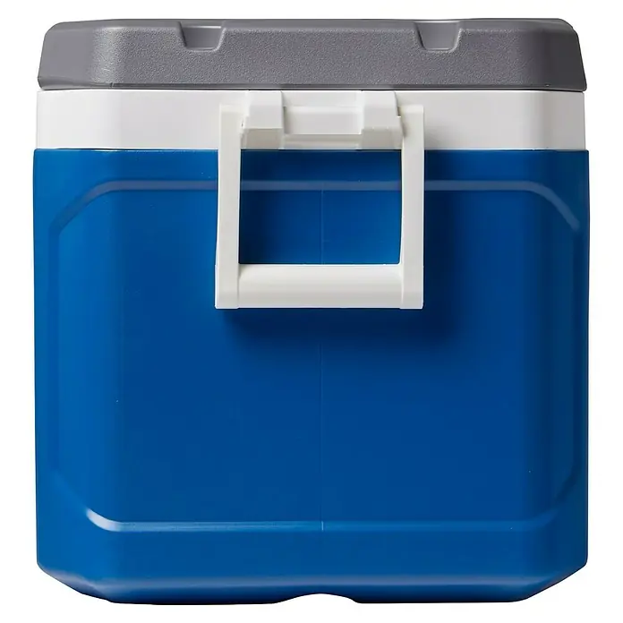 Igloo Nevera de camping - 49 l, L x An x Al: 63,4 x 37,1 x 38,6 cm, Azul - Nevera portátil azul y blanca con tapa gris y asa abatible blanca.