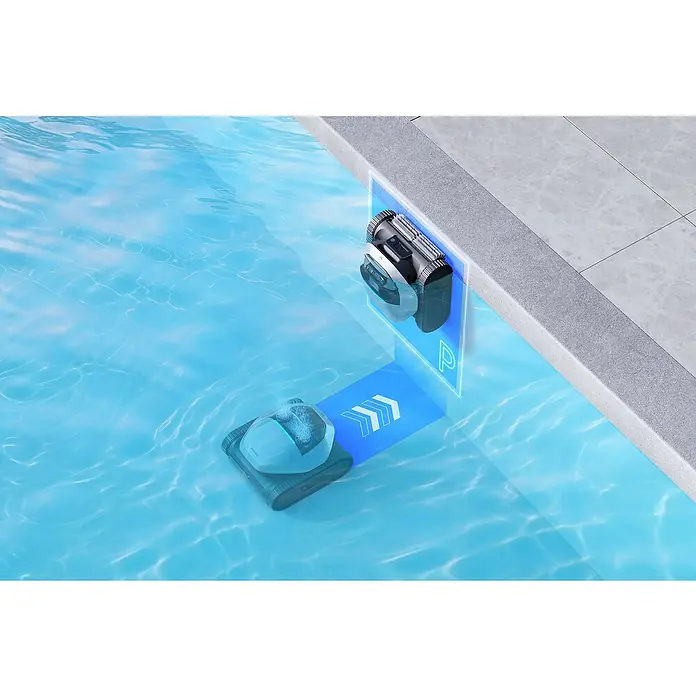 Dreame Poolroboter Z1 Pro - Akkubetrieben, Passend für: Pools bis 200 m² Grundfläche, Filterleistung: 30.000 l/h - Hellgrau-schwarzer Poolreinigungsroboter, teils untergetaucht, dockt am Beckenrand mit blauer Park-Leuchtanzeige an.