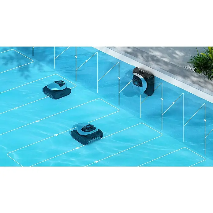 Dreame Poolroboter Z1 Pro - Akkubetrieben, Passend für: Pools bis 200 m² Grundfläche, Filterleistung: 30.000 l/h - Zwei schwarz-hellblaue Poolroboter zeigen systematische Reinigungspfade auf Beckenboden und Wand.