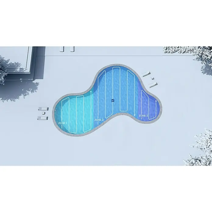 Dreame Poolroboter Z1 Pro - Akkubetrieben, Passend für: Pools bis 200 m² Grundfläche, Filterleistung: 30.000 l/h - Luftaufnahme eines Pools mit einem grauen Reinigungsroboter, der sein Mehrzonen-Reinigungsmuster (Zonen 1, 2, 3) in verschiedenen Blautönen des Wassers zeigt.