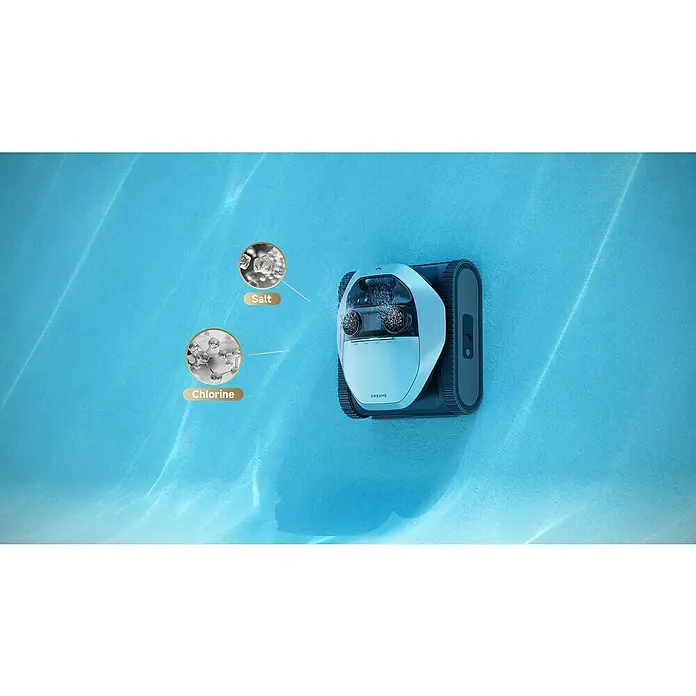 Dreame Poolroboter Z1 Pro - Akkubetrieben, Passend für: Pools bis 200 m² Grundfläche, Filterleistung: 30.000 l/h - Weiß-dunkelgrauer Poolreinigungsroboter im blauen Wasser, wandelt Salz in Chlor um.