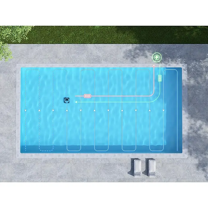 Dreame Poolroboter Z1 Pro - Akkubetrieben, Passend für: Pools bis 200 m² Grundfläche, Filterleistung: 30.000 l/h - Blick von oben auf einen Poolroboter, der einen Reinigungspfad verfolgt und zum Laden zurückkehrt.