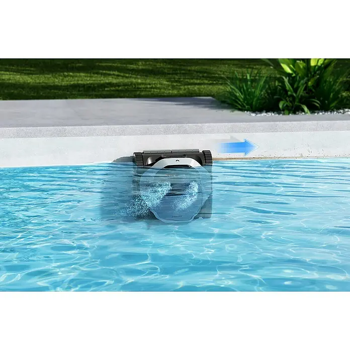 Dreame Poolroboter Z1 Pro - Akkubetrieben, Passend für: Pools bis 200 m² Grundfläche, Filterleistung: 30.000 l/h - Weiß-schwarzer Poolroboter, teilweise im blauen Pool eingetaucht, mit Pfeil für Wasserfluss.