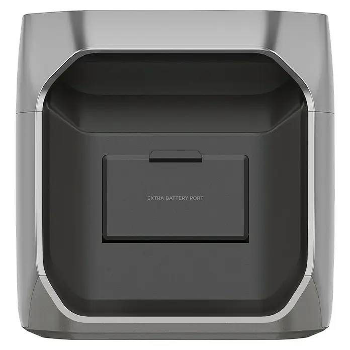 EcoFlow Powerstation Intelligente Zusatzbatterie - 0% MwSt. - 1.024 Wh, Grau - Ansicht eines tragbaren Kraftwerks, das mit einem zusätzlichen Batterieanschluss für eine erweiterte Nutzung ausgestattet ist.