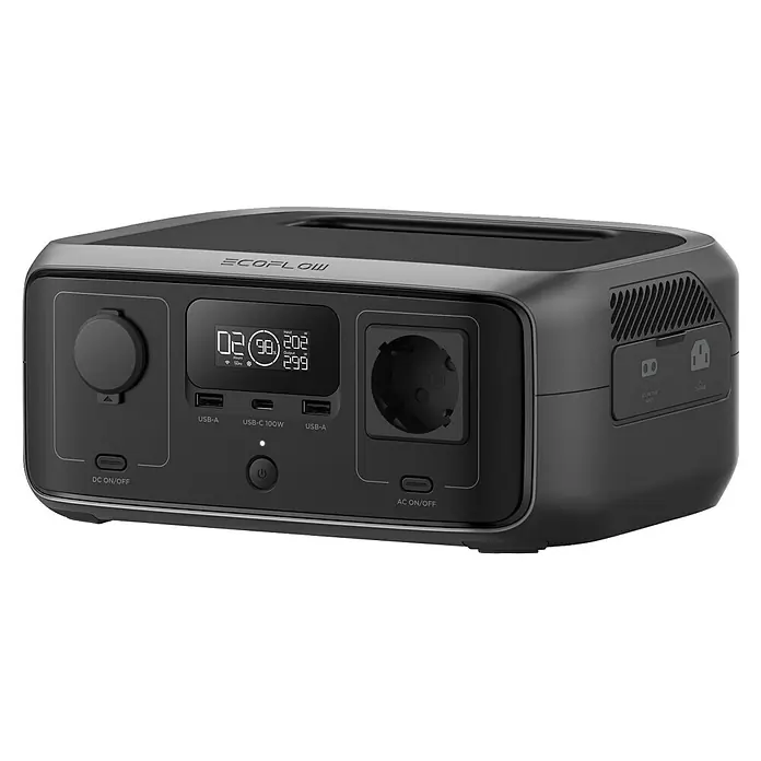 EcoFlow Powerstation River 3 UPS - 0% MwSt. - 245 Wh, Schwarz - Eine Nahaufnahme eines EcoFlow RIVER 2 Pro-Kraftwerks, das verschiedene Anschlüsse und ein digitales Display zeigt.