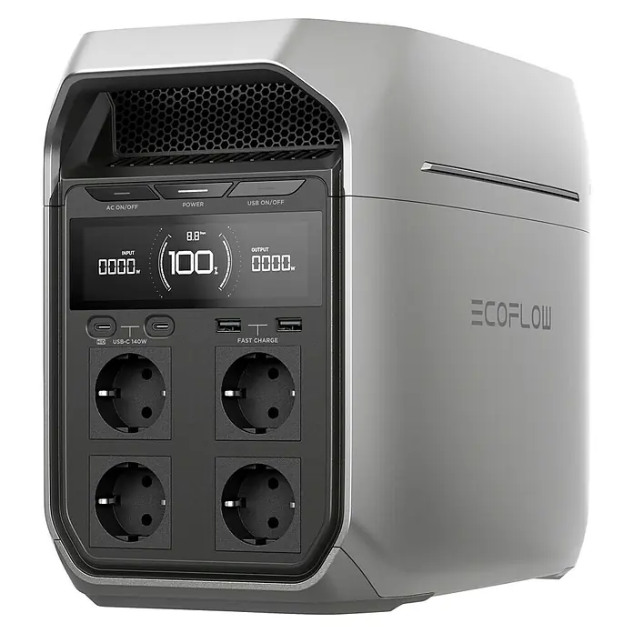 EcoFlow Powerstation Delta 3 Plus - 0% MwSt. - 1.024 Wh, Grau - Nahaufnahme eines EcoFlow-Stromgenerators mit Display, das Eingangs- und Ausgangsleistung sowie den Batteriestand anzeigt.