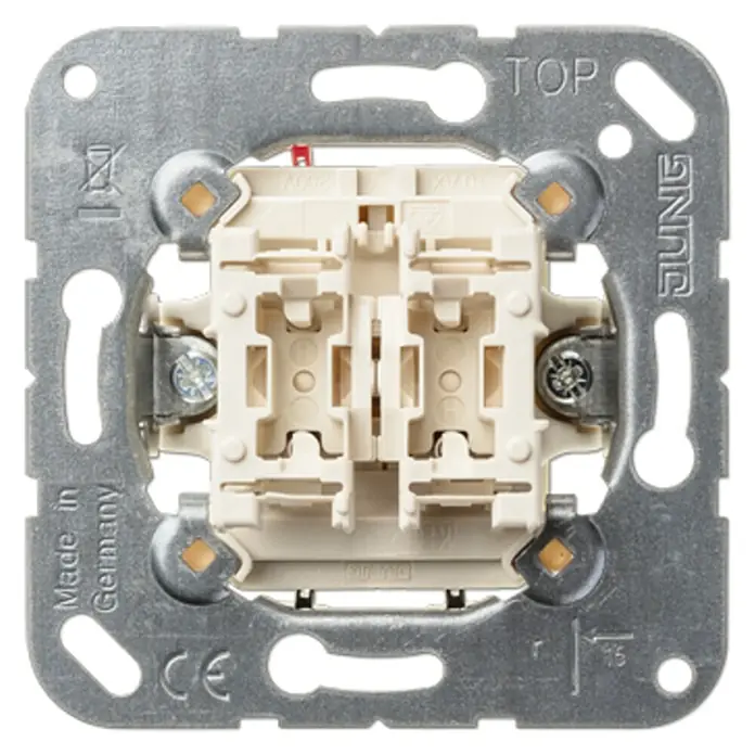 Jung Taster-Einsatz Doppeltaster 535 U 2 Schließer - 10 A, Unterputzmontage - JUNG Doppelschalter-Einsatz mit Metallrahmen und beigem Kunststoffmechanismus für Elektroinstallationen.
