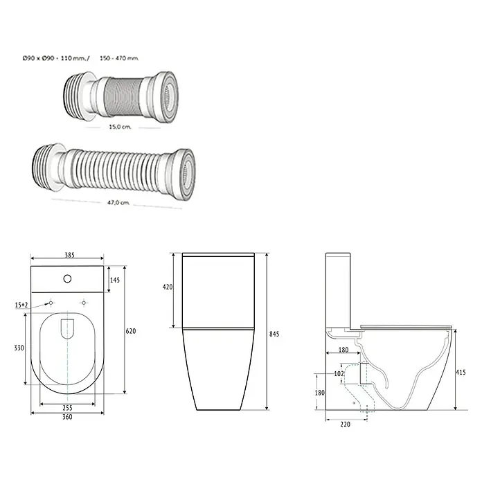 Artysan Pack de WC Inter 3 - Sin borde de descarga, Salida dual, Blanco - Dibujo técnico de un inodoro con conectores flexibles, incluyendo dimensiones para instalación y diseño.