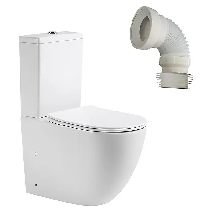 Artysan Pack de WC Inter 3 - Sin borde de descarga, Salida dual, Blanco - Inodoro blanco con tubo conector flexible para una fácil instalación. Diseño elegante para baños modernos.