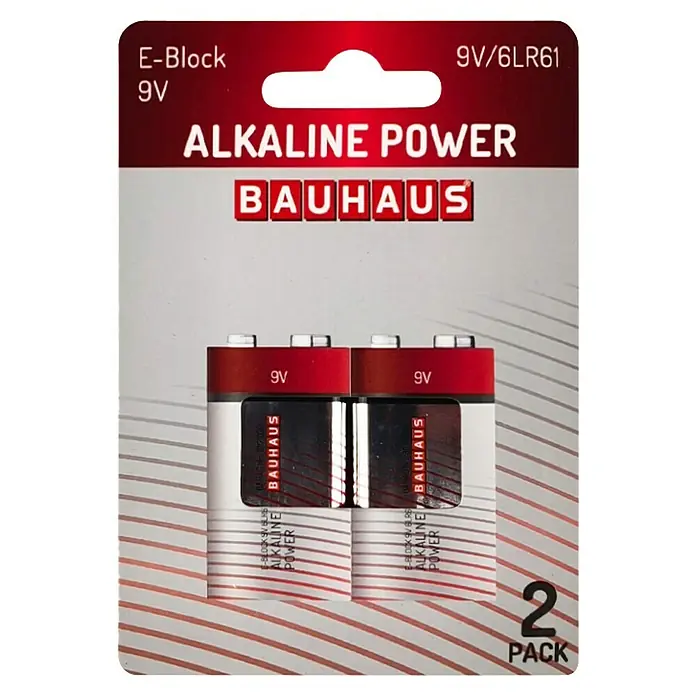 BAUHAUS Batterie Power E Block 6LR61 - 9-Volt-Block, Alkali-Mangan, 9 V, 2 Stk. - Eine 9V Alkaline-Batterie von Bauhaus im 2er-Pack. Perfekt für Geräte des täglichen Gebrauchs, die zuverlässige Energie benötigen.