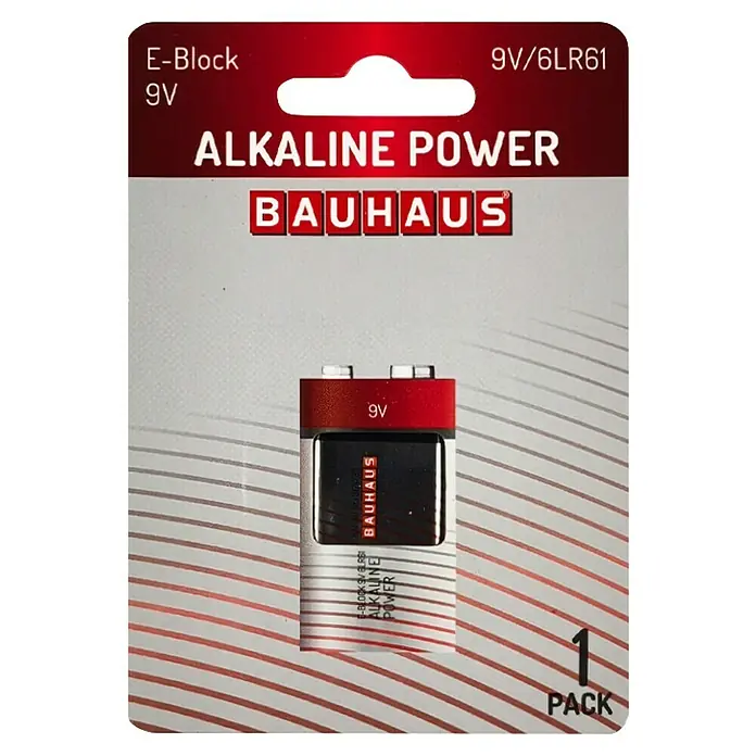 BAUHAUS Batterie Power E Block 6LR61 - 9-Volt-Block, Alkali-Mangan, 9 V, 1 Stk. - Produktbild einer 9V Blockbatterie der Marke Bauhaus, ideal für verschiedenste Anwendungen und Geräte.