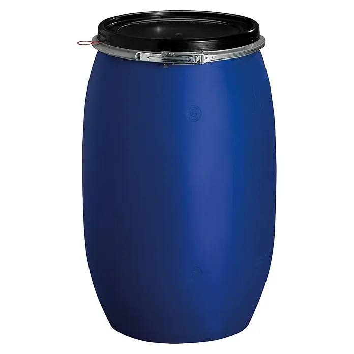 Graf Weithalsfass - 220 l, Blau, Mit Deckel - Blauer Kunststofffass mit schwarzem Deckel und Metallspannring für sichere Lagerung oder Transport.