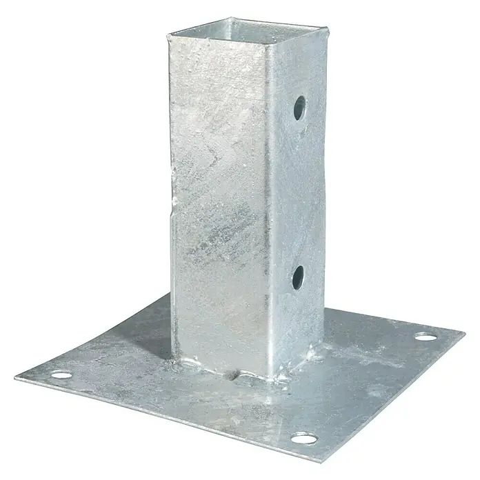 Stabilit Aufschraubhülse - L x B x H: 91 x 91 x 150 mm, Stahl - Ein stabiler, verzinkter Pfostenträger mit quadratischer Grundplatte und aufgeschweisstem Vierkantrohr für sicheren Halt im Aussenbereich.