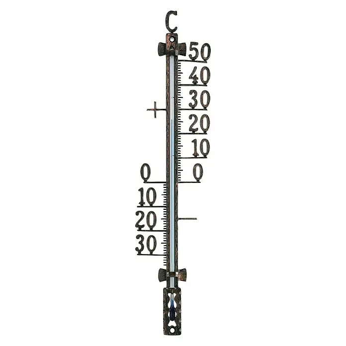 TFA Dostmann Außenthermometer - Analog, L x B x H: 1,8 x 6,5 x 27,5 cm, Altkupferfarben - Ein Außenthermometer aus Metall mit Celsius-Skala, das eine Temperatur von etwa 22 Grad Celsius anzeigt, ideal für die Wetterbeobachtung.