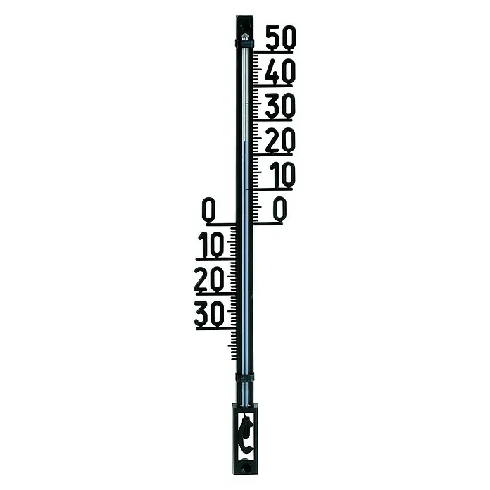 TFA Dostmann Außenthermometer - Analog, L x B x H: 2,3 x 6,5 x 27,5 cm, Schwarz - Bild einer Thermometer-Gartenfigur, die Temperaturen von -30 bis +50 Grad Celsius anzeigt, ideal zur Dekoration im Freien.