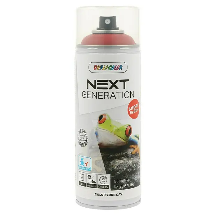 Dupli-Color Next Sprühlack Next Generation - Madrid, Seidenmatt, 400 ml - Ein roter Dupli-Color Next Generation Sprühlack mit einem Frosch auf dem Etikett. Universell einsetzbar.