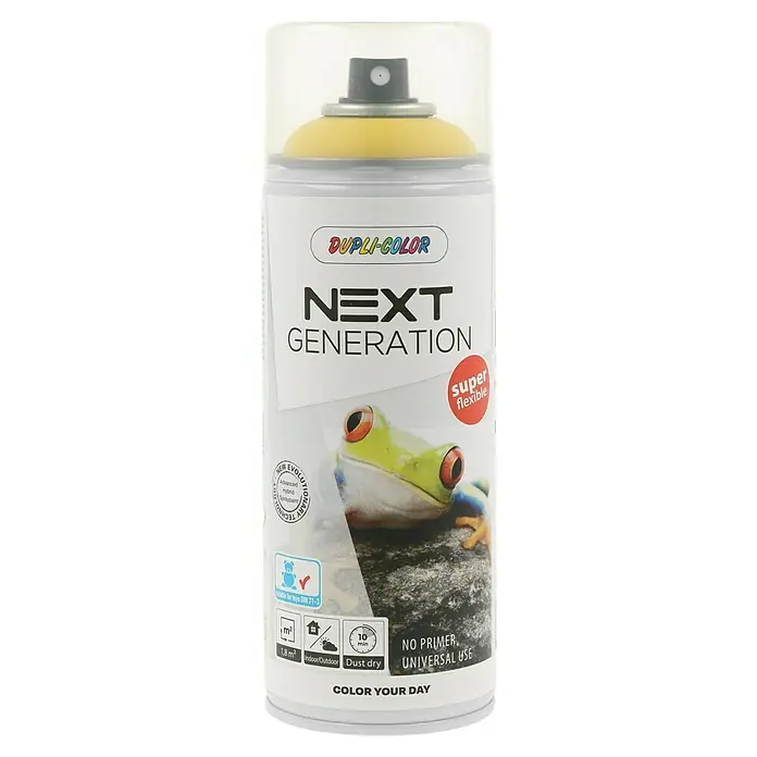 Dupli-Color Next Sprühlack Next Generation - Dublin, Seidenmatt, 400 ml - Dose Dupli-Color Next Generation Sprühfarbe mit einem Froschmotiv, ideal für vielfältige Anwendungen und kreative Projekte.