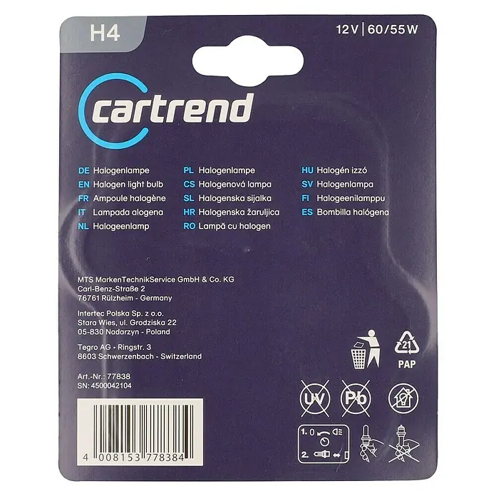 UniTEC Hauptscheinwerfer-Lampen - H4, 2 Stk. - Produktverpackung für eine H4 Halogenlampe 12V 60/55W von Cartrend mit technischen Details und Sicherheitshinweisen.