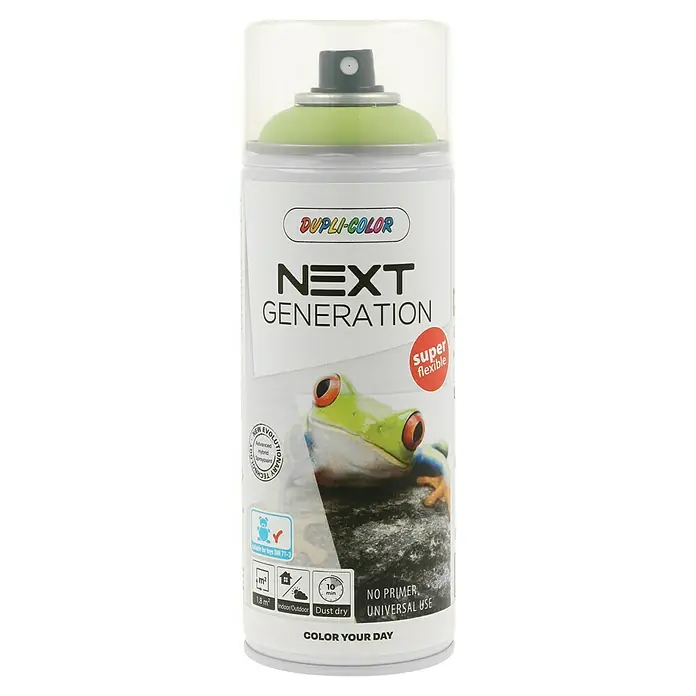 Dupli-Color Next Sprühlack Next Generation - London, Seidenmatt, 400 ml - Dose Dupli-Color Next Generation Sprühfarbe mit Froschmotiv, super flexibel, ideal für kreative Projekte und vielseitige Anwendungen.
