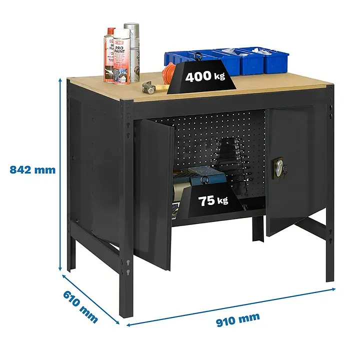 Simonrack Simonwork Banco de trabajo BT0 Cabinet - L x An: 61 x 91 cm, Altura de trabajo: 84,2 cm, Carga soportada: 400 kg, Antracita/Madera - Banco de trabajo con herramientas y especificaciones de capacidad de carga. Diseño robusto para trabajos de taller, medidas y límites.