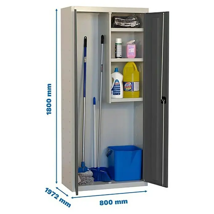 Simonrack Simonlocker Armario multiusos metálico Cleaning Desmontado - L x An x Al: 40 x 80 x 180 cm, Número de puertas: 2 ud., Gris/Antracita - Armario de limpieza metálico abierto con espacio para utensilios y dimensiones.