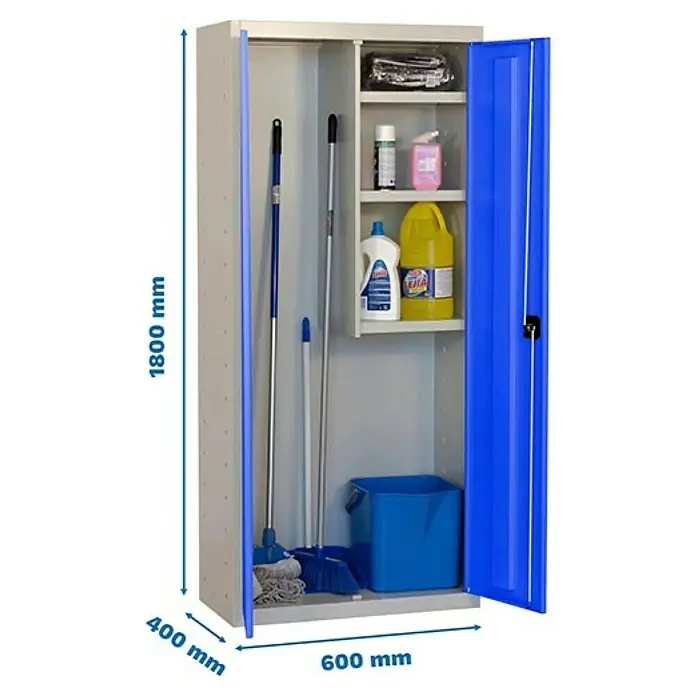Simonrack Simonlocker Armario multiusos metálico Cleaning Desmontado - L x An x Al: 40 x 60 x 180 cm, Número de puertas: 2 ud., Gris/Azul - Imagen de un armario de limpieza gris con puerta azul, lleno de productos y utensilios de limpieza, mostrando sus dimensiones.