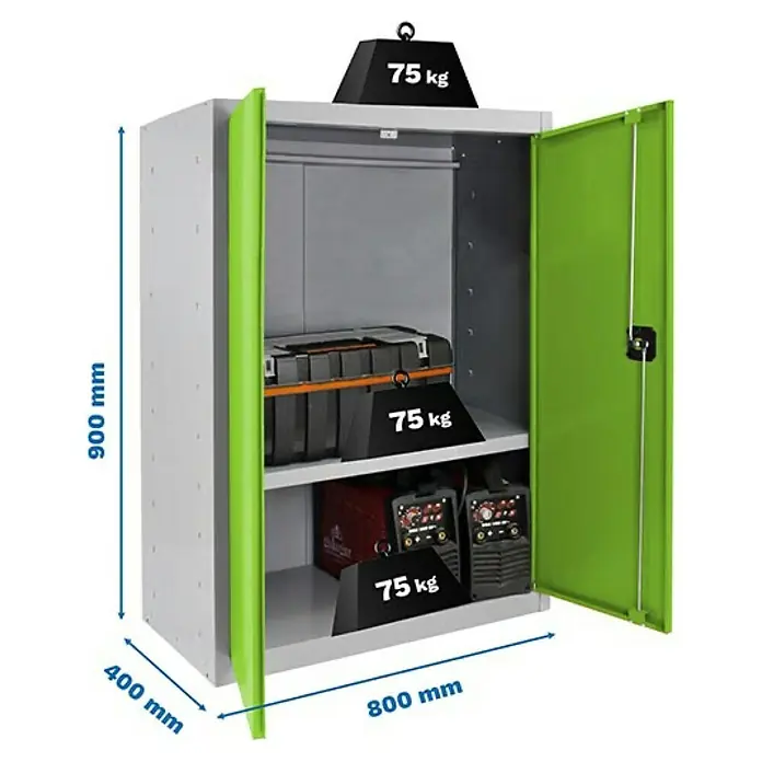 Simonrack Simonlocker Armario multiusos metálico Multi Professional Desmontado - L x An x Al: 40 x 80 x 90 cm, Gris/Verde, Número de baldas: 1 ud. - Armario con puertas verdes, cargado con herramientas y pesos, con dimensiones en mm.