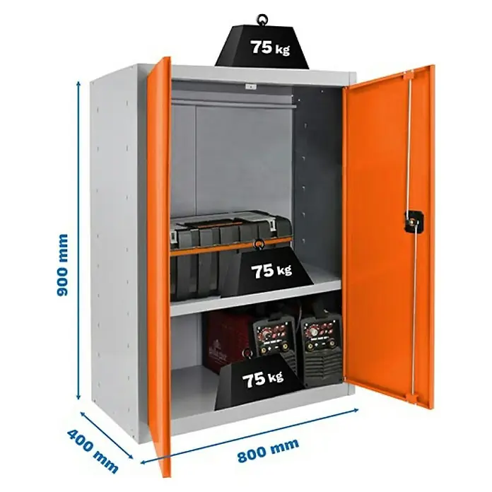 Simonrack Simonlocker Armario multiusos metálico Multi Professional Desmontado - L x An x Al: 40 x 80 x 90 cm, Gris/Naranja, Número de baldas: 1 ud. - Armario metálico con dos puertas naranjas, cargado con herramientas pesadas y pesos que demuestran su capacidad de carga.