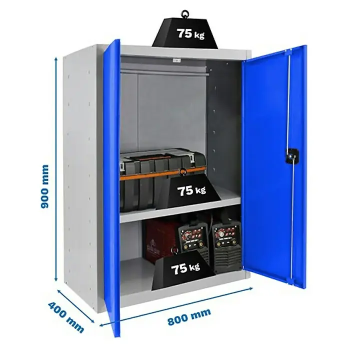 Simonrack Simonlocker Armario multiusos metálico Multi Professional Desmontado - L x An x Al: 40 x 80 x 90 cm, Gris/Azul, Número de baldas: 1 ud. - Imagen de un armario de herramientas gris con puertas azules e indicaciones de peso.