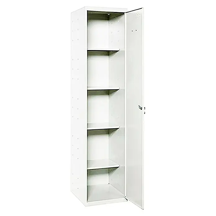 Simonrack Simonlocker Armario multiusos metálico Cleaning Desmontada - L x An x Al: 40 x 40 x 180 cm, Número de puertas: 1 ud., Blanco/Blanco - Un armario metálico blanco abierto con cinco estantes, ideal para la oficina o el taller que ofrece mucho espacio de almacenamiento.