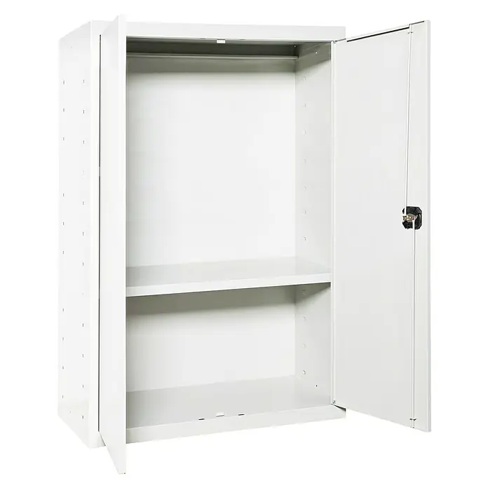 Simonrack Simonlocker Armario multiusos metálico Multi Professional Desmontado - L x An x Al: 40 x 80 x 90 cm, Blanco/Blanco, Número de baldas: 1 ud. - Un armario de oficina blanco abierto con una estantería y una barra para colgar. El armario es moderno y ofrece mucho espacio.