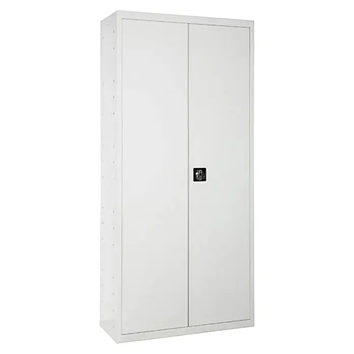 Simonrack Simonlocker Armario multiusos metálico Multi Professional Desmontado - L x An x Al: 40 x 80 x 180 cm, Blanco/Blanco, Número de baldas: 4 ud. - Un armario de oficina blanco con dos puertas y cerradura de manija negra ofrece un espacio de almacenamiento práctico para documentos y material de oficina.