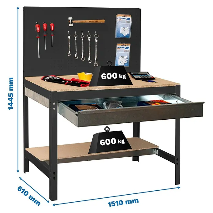 Simonrack Simonwork Banco de trabajo BT2 Box - Antracita/Madera, Ancho: 151 cm - Banco de trabajo con panel de herramientas, cajón y estante, carga 600 kg. Ideal para trabajos de taller y organización.
