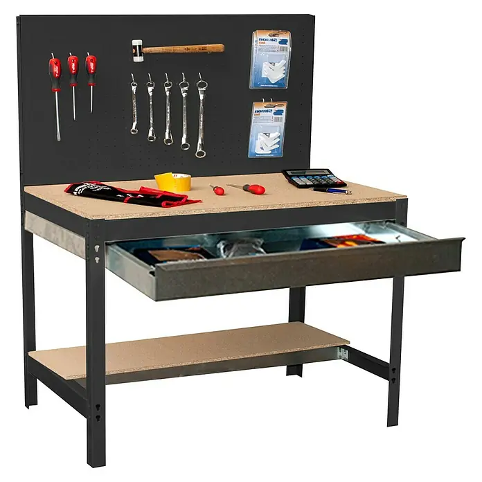 Simonrack Simonwork Banco de trabajo BT2 Box - Antracita/Madera, Ancho: 91 cm - Banco de trabajo con cajón y herramientas en el panel posterior. Ideal para aficionados al bricolaje y profesionales, ofrece espacio de almacenamiento.