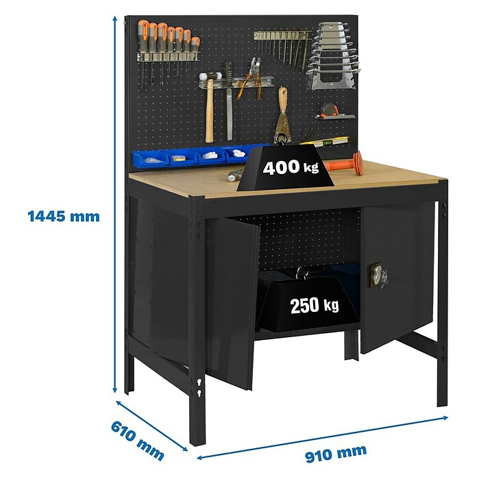 Simonrack Simonwork Banco de trabajo BT2 Cabinet (L x An: 61 x 91 cm, Altura de trabajo: 144,5 cm, Carga soportada: 400 kg, Antracita/Madera) | BAUHAUS