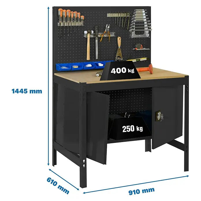 Simonrack Simonwork Banco de trabajo BT2 Cabinet - L x An: 61 x 91 cm, Altura de trabajo: 144,5 cm, Carga soportada: 400 kg, Antracita/Madera - Banco de trabajo con amplio almacenamiento y panel de herramientas. La construcción robusta soporta hasta 400 kg en la superficie y 250 kg en el armario.