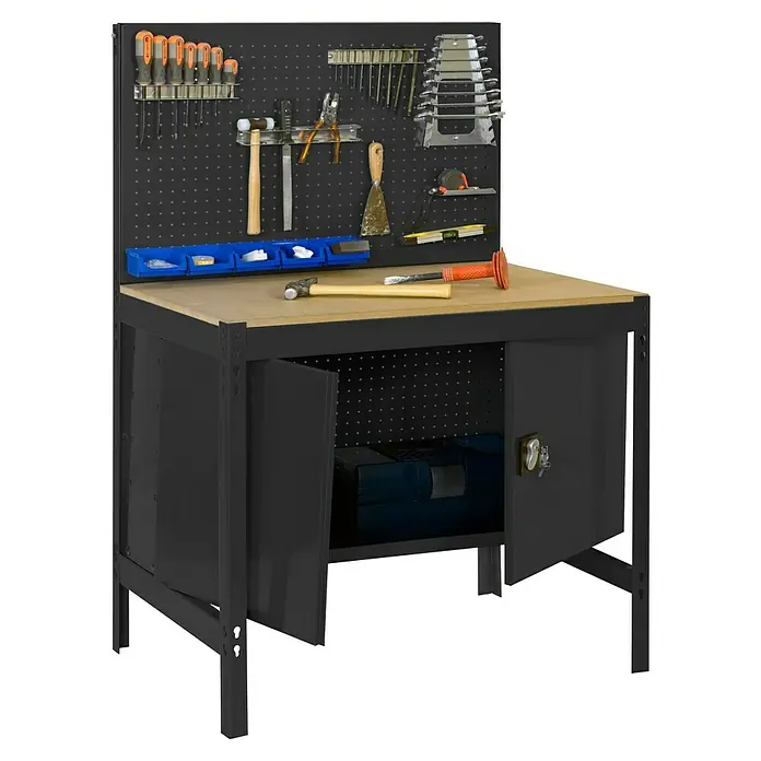 Simonrack Simonwork Banco de trabajo BT2 Cabinet - L x An: 61 x 121 cm, Altura de trabajo: 144,5 cm, Carga soportada: 1.200 kg, Antracita/Madera - Banco de trabajo con panel perforado y herramientas. El banco de trabajo ofrece espacio de almacenamiento y una superficie para proyectos de bricolaje.