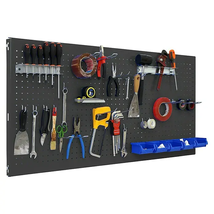 Simonrack Panelclick Panel perforado con 22 ganchos y 8 accesorios - L x An: 120 x 60 cm, Antracita - Panel de herramientas con diversas herramientas como destornilladores, alicates, llaves inglesas y cinta adhesiva.