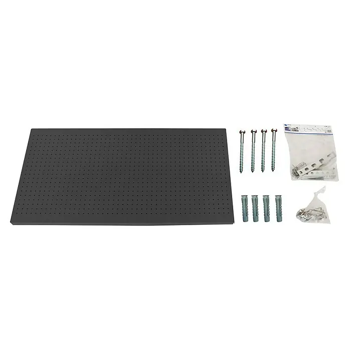 Simonrack Panelclick Panel perforado con 22 ganchos y 3 accesorios - L x An: 90 x 40 cm, Antracita - La imagen muestra un panel perforado gris con material de montaje, incluyendo tornillos y tacos, para una instalación segura en la pared.