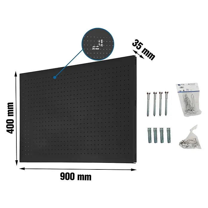 Simonrack Panelclick Panel perforado con 14 ganchos y 3 accesorios - L x An: 90 x 40 cm, Antracita - Panel de herramientas negro con orificios y accesorios para montaje en pared. Dimensiones: 900 mm x 400 mm x 35 mm, espacio entre orificios 26 mm.