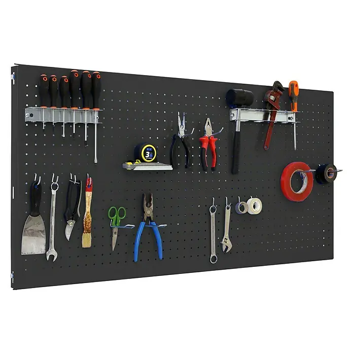 Simonrack Panelclick Panel perforado con 14 ganchos y 3 accesorios - L x An: 90 x 40 cm, Antracita - Panel de herramientas con varias herramientas, como destornilladores, alicates y llaves.