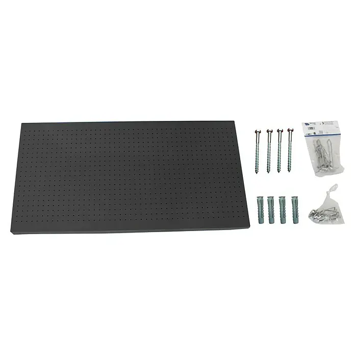 Simonrack Panelclick Panel perforado con 14 ganchos y 3 accesorios - L x An: 90 x 40 cm, Antracita - Tablero de banco de trabajo gris con orificios pretaladrados y accesorios de montaje como tornillos, tacos y ganchos.