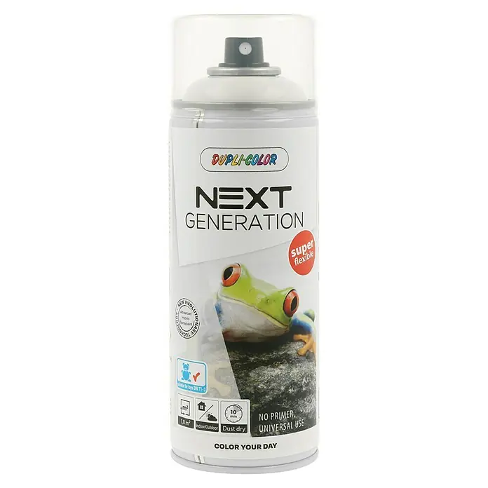 Dupli-Color Next Sprühlack Next Generation RAL 9016 - Verkehrsweiß, Glänzend, 400 ml - Dose Dupli-Color Next Generation Sprühfarbe mit Froschmotiv, ideal für flexible Anwendungen und universellen Gebrauch.