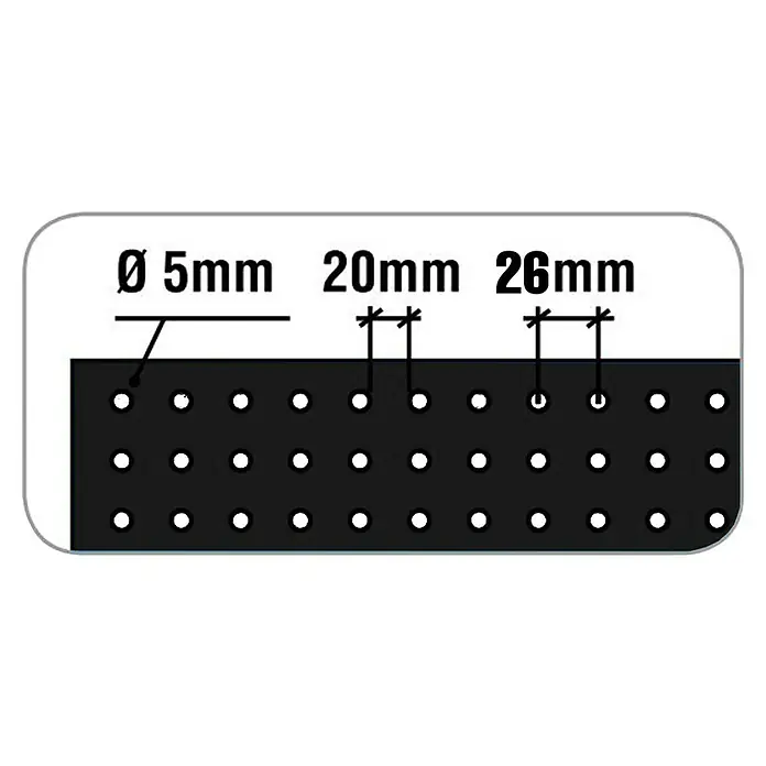 Simonrack Panelclick Panel perforado con 22 ganchos y 3 accesorios - L x An: 90 x 40 cm, Antracita - Imagen de un tablero perforado que muestra orificios de 5 mm y espaciamientos de 20 mm y 26 mm; ideal para proyectos de bricolaje.